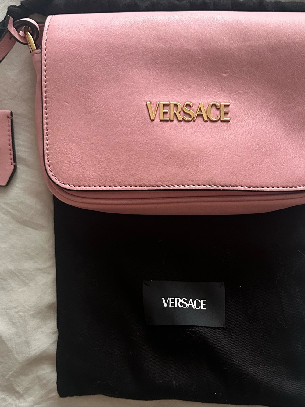 Versace Pink Lamb Leather Crossbody w/ Gold Lettering dust bag and 2 straps inc!